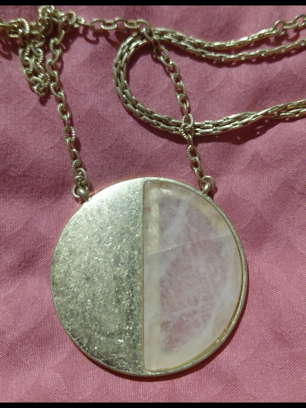 Gold-Tone Necklace with Pink Rose Quartz Half-Moon Pendant & Matching Ring